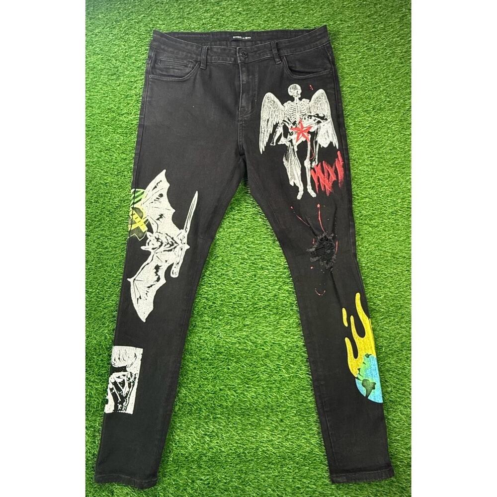 EMBELLISH Mens 36 Jeans Black Multi-Color Graphic Distressed Winged Skeleton